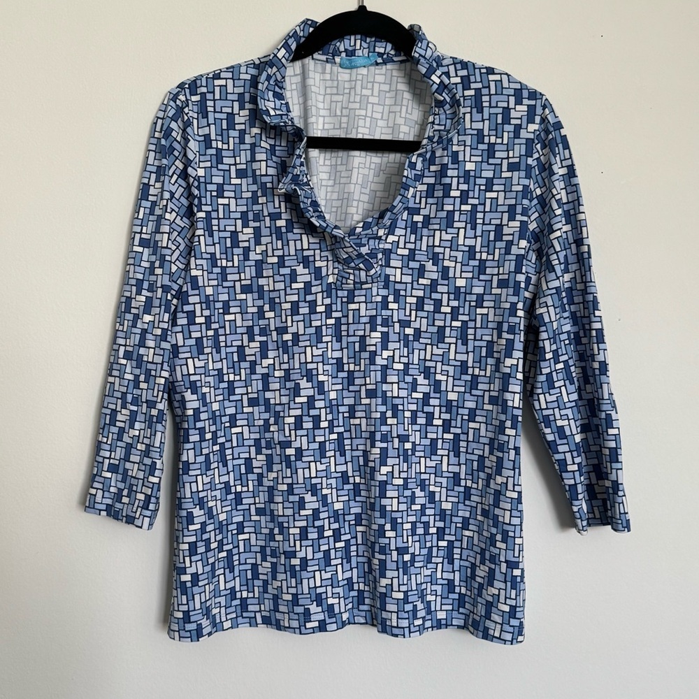 J. McLaughlin Durham 3/4 sleeve ruffle neck blue mosaic catalina knit Size XL